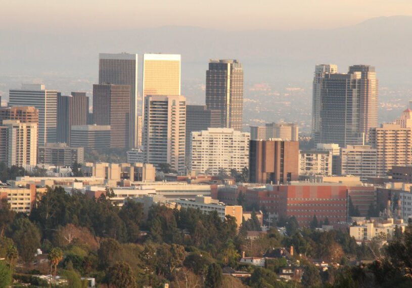 A view of the city skyline from above.